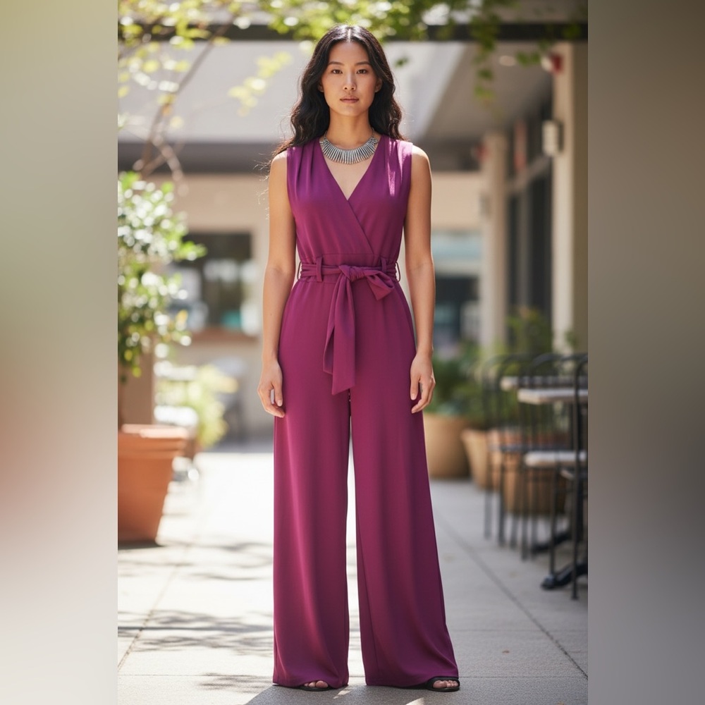 Shelby & Palmer Magenta Sleeveless Belted Wide Leg Jumpsuit